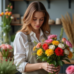 Femme fleuriste moderne arrangeant des fleurs colorées en studio