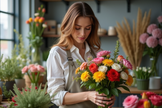 Femme fleuriste moderne arrangeant des fleurs colorées en studio