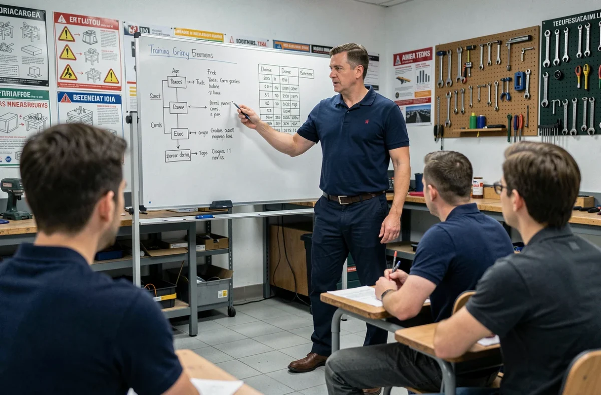 Formateur Afpa expliquant un programme de formation sur un tableau blanc devant des apprenants adultes dans une salle de cours technique