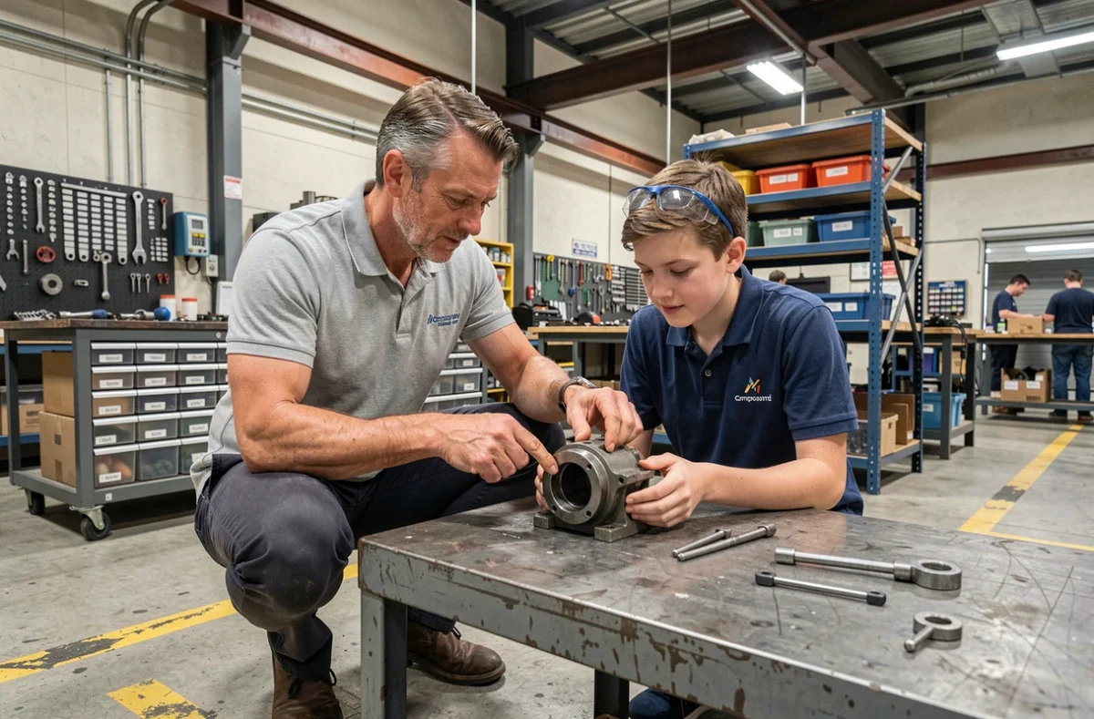 Formateur en alternance Afpa guidant un apprenti dans un atelier technique professionnel avec démonstration pratique