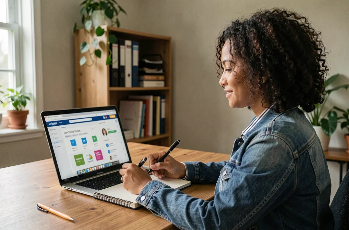 Femme adulte suivant une formation Afpa en ligne depuis son bureau à domicile, prenant des notes devant un ordinateur portable