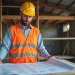 Demandeur d'emploi en formation BTP portant un casque jaune et un gilet haute visibilité, consultant des plans de construction sur un chantier de formation professionnelle