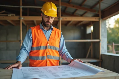 Demandeur d'emploi en formation BTP portant un casque jaune et un gilet haute visibilité, consultant des plans de construction sur un chantier de formation professionnelle