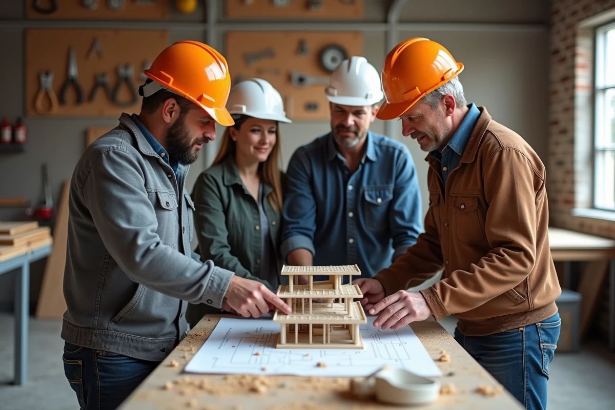 Groupe de stagiaires en formation BTP discutant autour d'une maquette architecturale dans un atelier professionnel, illustrant la formation collective dans le secteur du bâtiment