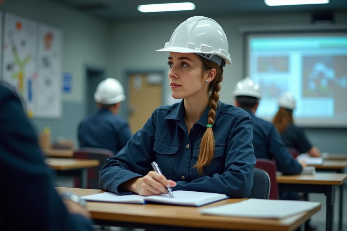 Femme en formation BTP assise dans une salle de cours professionnelle, portant un casque blanc, suivant attentivement un cours sur les techniques de construction