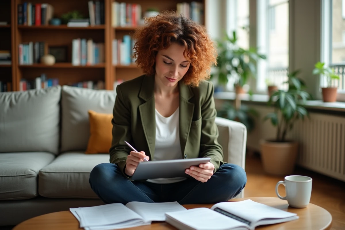 Femme en formation digitale chef de projet web en ligne depuis son appartement parisien avec tablette et supports de cours