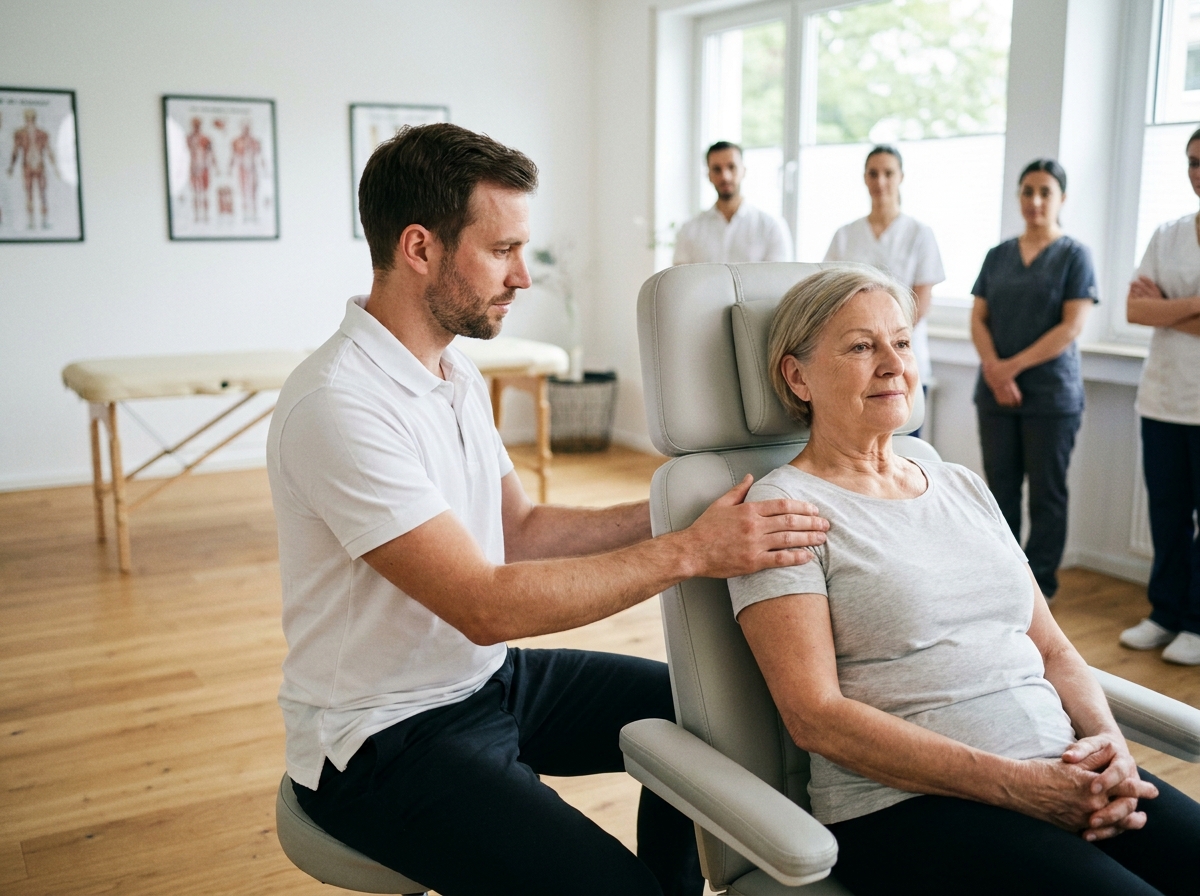 Kinésithérapeute apprenant les techniques de toucher massage lors d'une formation professionnelle pour soignants