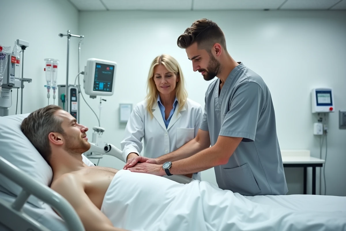 Aide-soignant en formation pratique sur mannequin médical supervisé par une formatrice dans un centre de simulation clinique