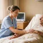 Infirmière pratiquant un toucher massage thérapeutique sur le bras d'un patient âgé dans une chambre d'hôpital