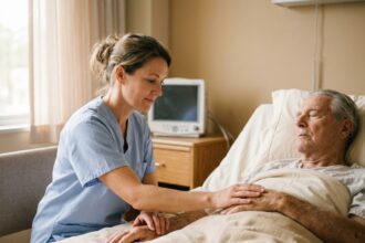 Infirmière pratiquant un toucher massage thérapeutique sur le bras d'un patient âgé dans une chambre d'hôpital