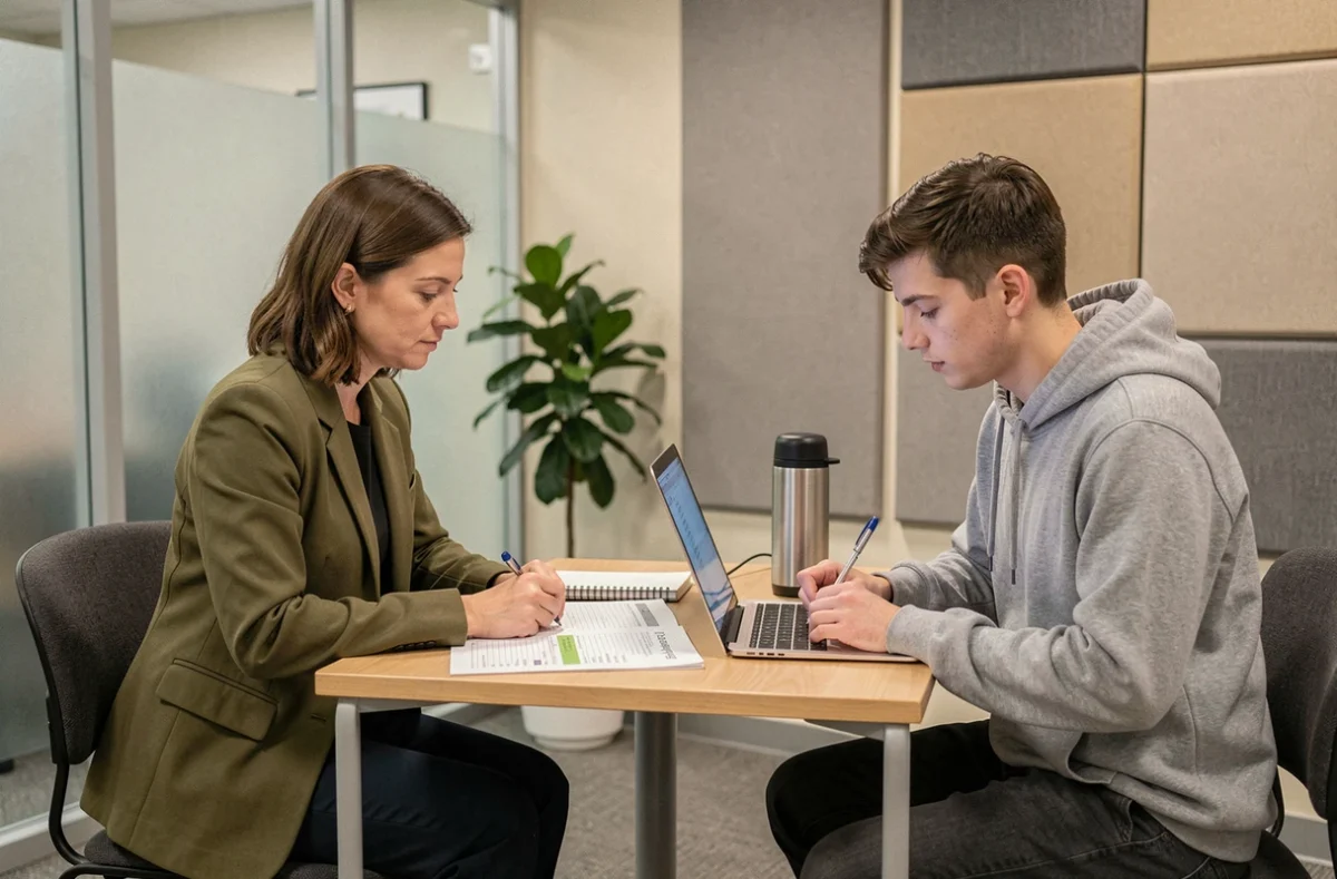Formatrice Afpa en entretien de suivi avec un apprenti en alternance autour du planning de formation