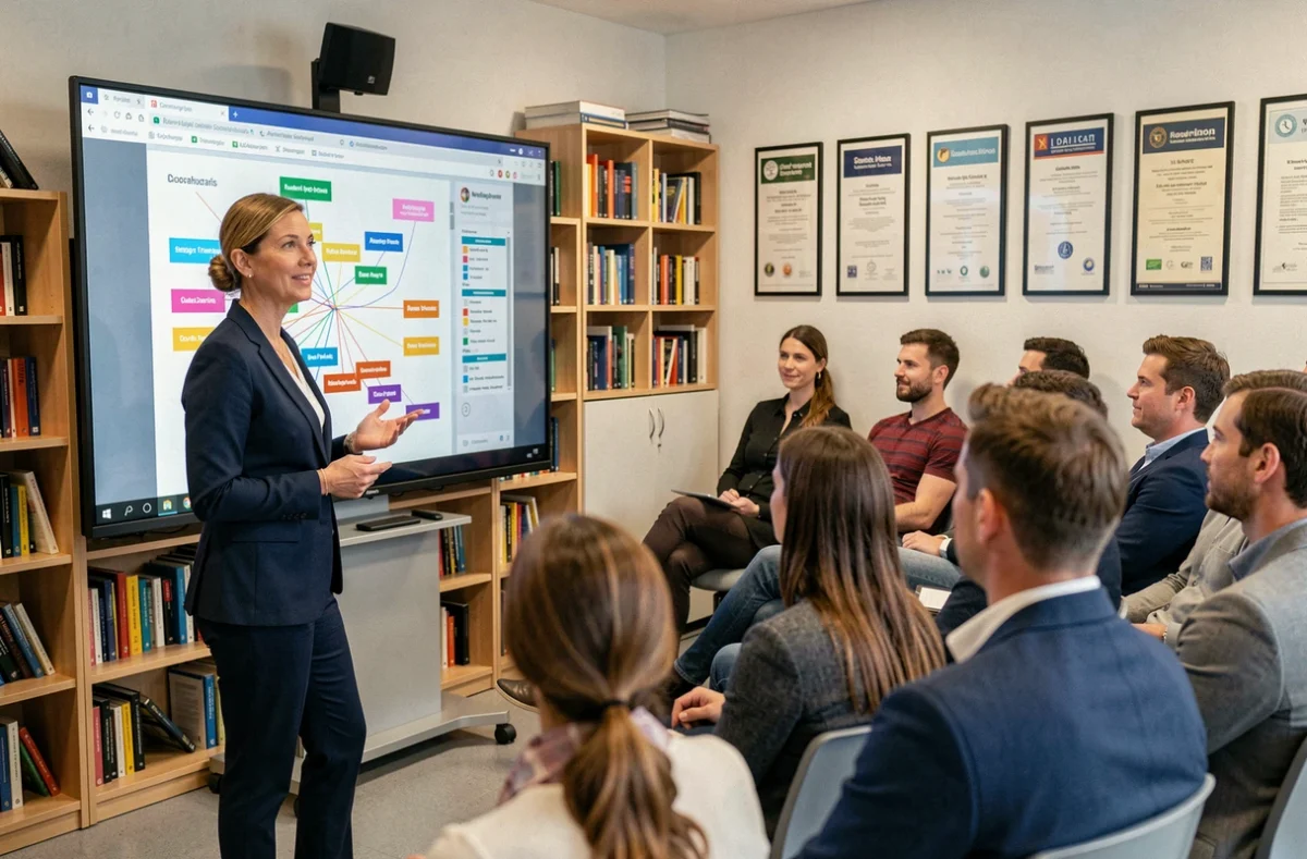 Formatrice professionnelle animant un cours dans un centre de formation certifié à Strasbourg, Bas-Rhin, devant un écran interactif avec un programme de formation affiché