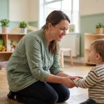 Auxiliaire de puériculture agenouillée à hauteur d'enfant dans une crèche, exprimant patience et bienveillance émotionnelle au quotidien