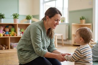Auxiliaire de puériculture agenouillée à hauteur d'enfant dans une crèche, exprimant patience et bienveillance émotionnelle au quotidien