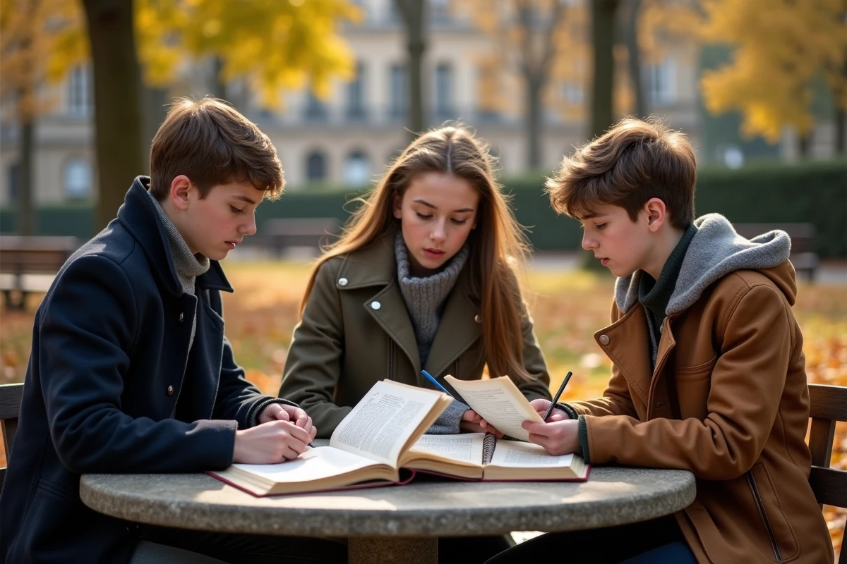 Trois adolescents discutant de textes littéraires dans un parc en automne