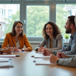Groupe d'apprenants en formation dans une salle lumineuse