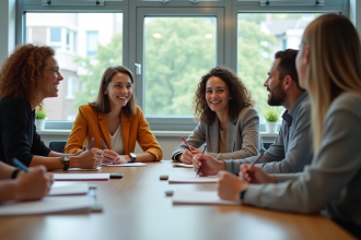 Groupe d'apprenants en formation dans une salle lumineuse