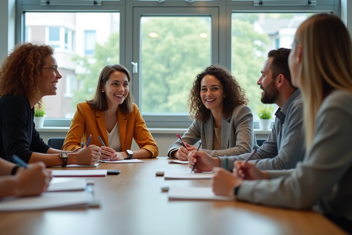 Groupe d'apprenants en formation dans une salle lumineuse
