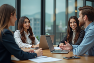 Groupe de collègues en réunion dans un bureau moderne