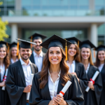 Groupe d'étudiants diplômés devant une université moderne