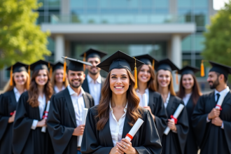 Groupe d'étudiants diplômés devant une université moderne