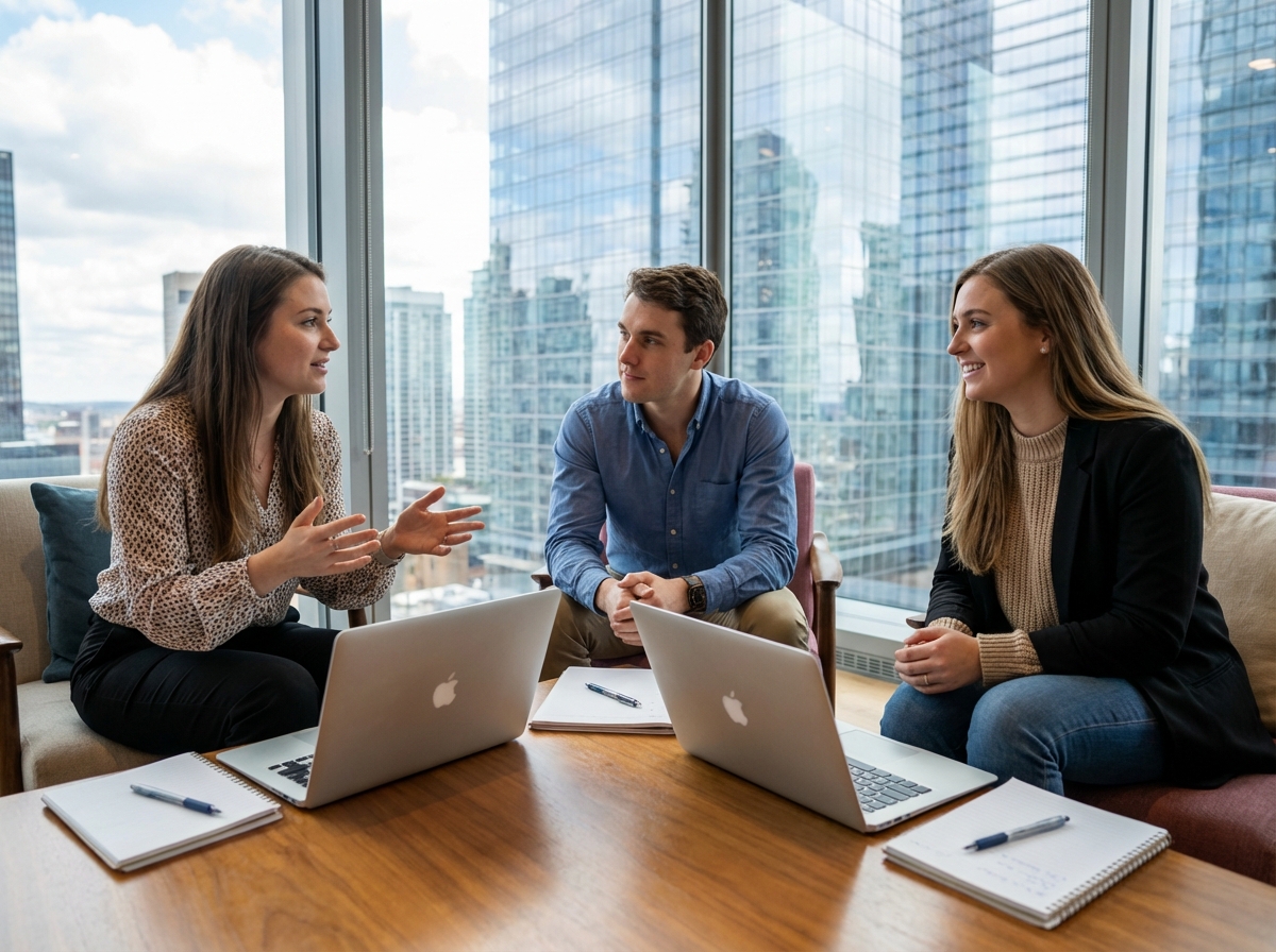 Groupe de jeunes adultes en discussion dans un bureau moderne