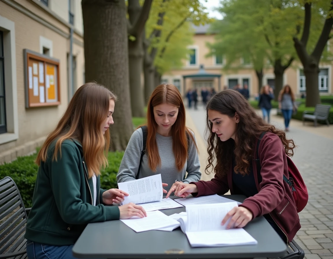 Groupe d'étudiants consultant des documents sur la CVEC en extérieur sur un campus universitaire français