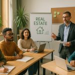 Groupe d'étudiants en immobilier dans une salle moderne