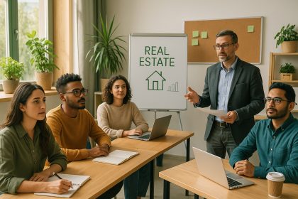 Groupe d'étudiants en immobilier dans une salle moderne