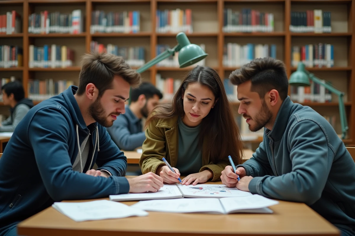 Groupe d'étudiants en prépa BCPST travaillant ensemble dans une bibliothèque universitaire autour de schémas scientifiques