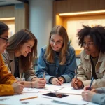 Groupe d'étudiants en design collaborant dans un lobby moderne