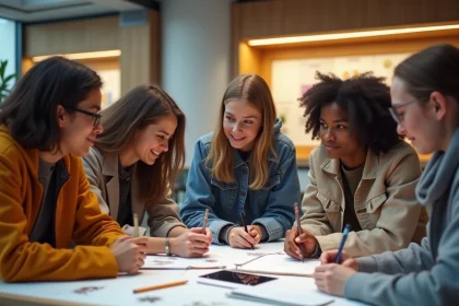 Groupe d'étudiants en design collaborant dans un lobby moderne