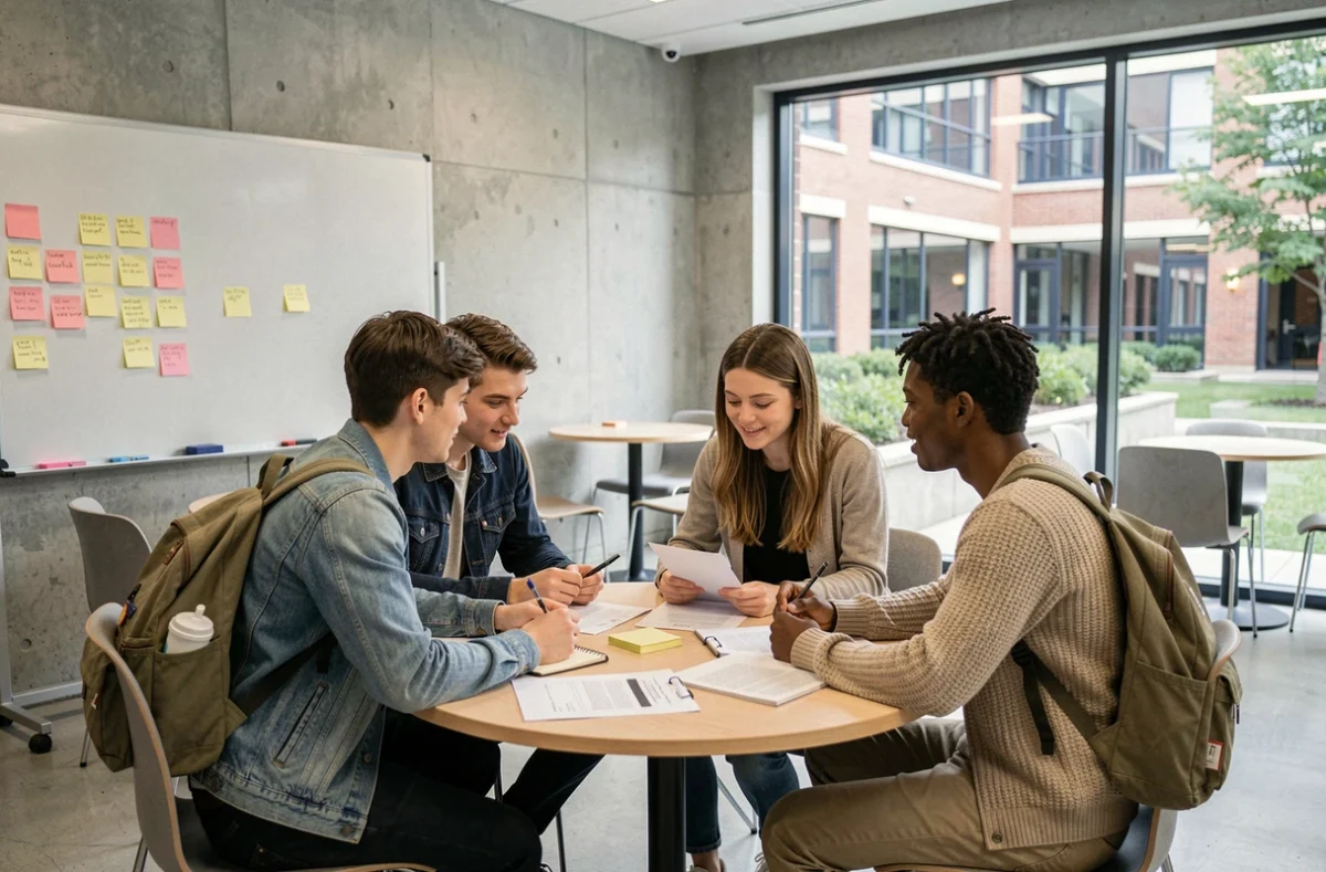 Groupe d'étudiants en première année collaborant sur un projet pédagogique PSB dans un espace commun moderne du campus
