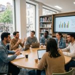 Groupe d'étudiants en discussion dans une salle moderne à Rouen