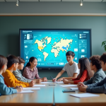 Étudiants divers collaborant autour d'un tableau interactif moderne