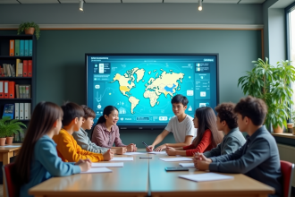 Étudiants divers collaborant autour d'un tableau interactif moderne