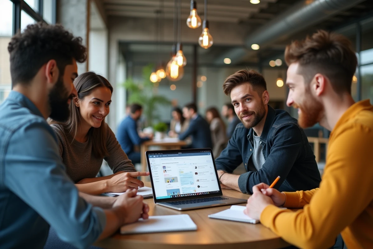Groupe de professionnels en formation autour d'un logiciel de newsletter dans un espace de coworking