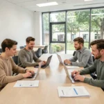 Groupe d'adultes en formation professionnelle dans un centre Afpa classique, autour d'une table avec des supports de cours