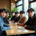 Sept jeunes hommes coreens dans un cafe moderne