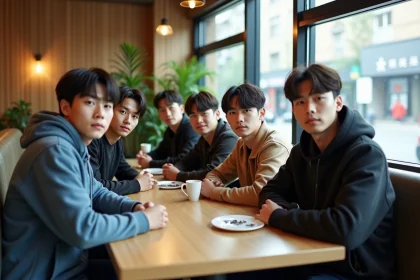 Sept jeunes hommes coreens dans un cafe moderne