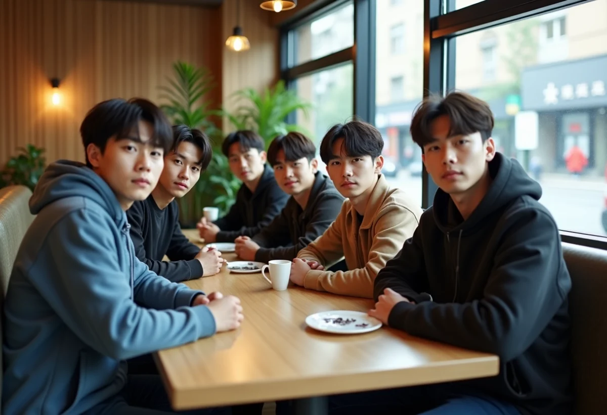 Sept jeunes hommes coreens dans un cafe moderne