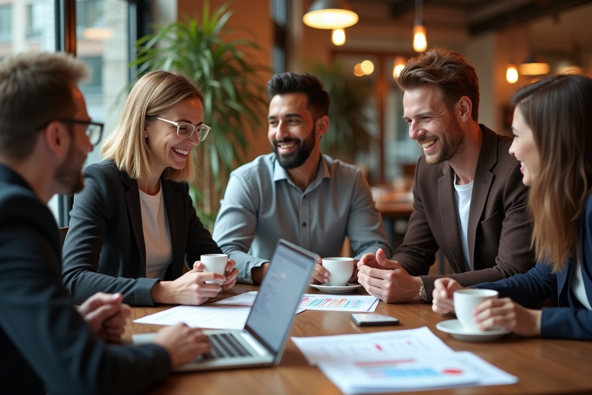 Groupe de jeunes discutant de budget autour d une table de café