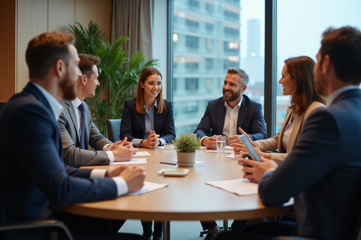 Groupe de professionnels en réunion dans un bureau moderne