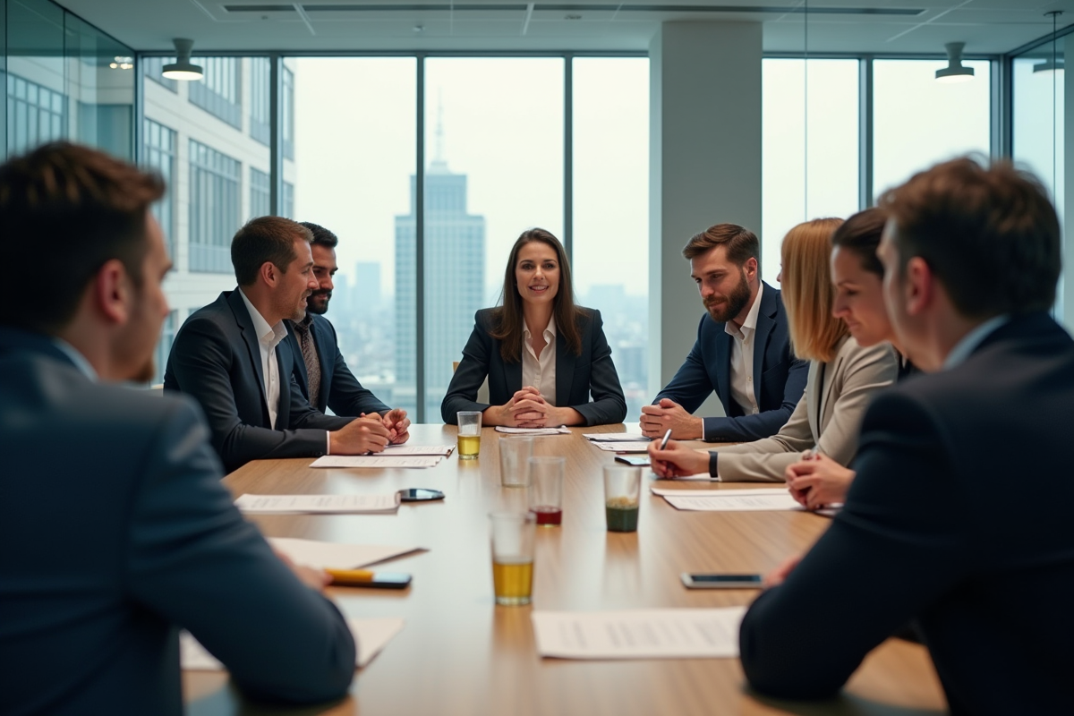 Groupe de professionnels en réunion dans un bureau moderne