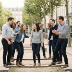 Groupe divers d'adultes riant lors d'une activité en parc parisien