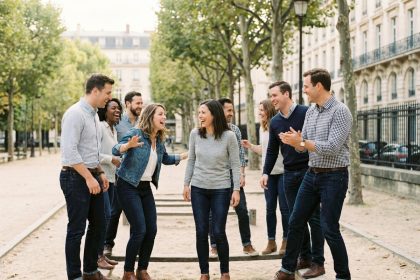 Groupe divers d'adultes riant lors d'une activité en parc parisien