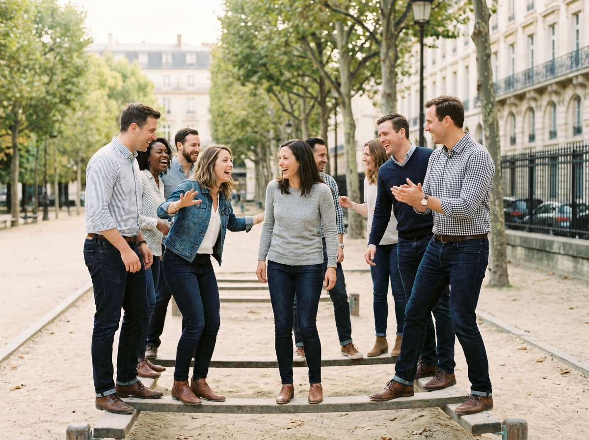 Groupe divers d'adultes riant lors d'une activité en parc parisien