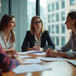 Groupe de quatre personnes en réunion dans un bureau moderne