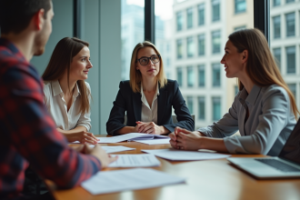 Groupe de quatre personnes en réunion dans un bureau moderne