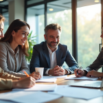 Groupe diversifié de personnes souriantes autour d'une table en formation